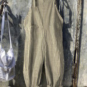 Vintage Black Gray Linen Stripes Pants Linen & Cotton Romper Jumpsuits, Jumpsuits&Rompers, color:Khaki|size:4XL, Noracora