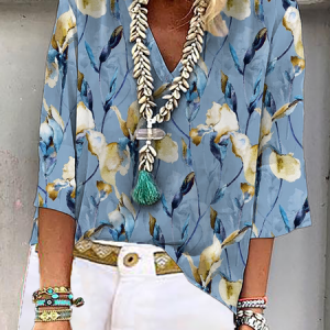 Floral V Neck Casual Loose Shirt, Blouses, color:Blue|size:XXL, Noracora