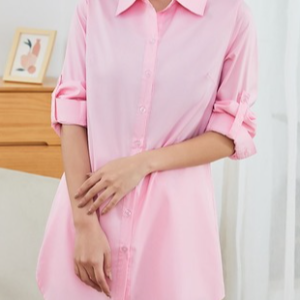 Buckle Plain Long Sleeve Casual Shirt Dress, Short, color:Pink|size:5XL, Noracora