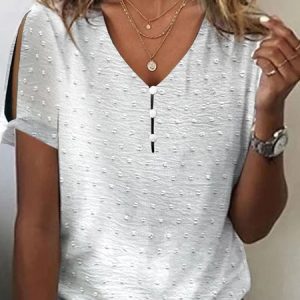 Women's Plain Short Sleeve Blouse_ Summer Buckle V Neck Daily Casual Top, JustFashionNow Shirts, color:White|size:XXL,