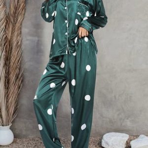 Polka Dots Simple Satin Regular Fit Pajama Set With No, Pajamas, color:Green|size:XL, Noracora
