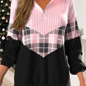Casual Zipper Plaid Printed Color Block Sweatshirt, Hoodies & Sweatshirts, color:Pink|size:XXL, Noracora