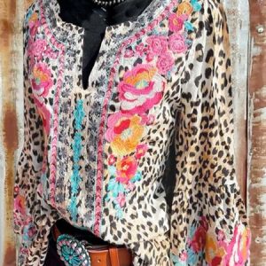 Long Sleeve Leopard Casual Top, Blouses, color:Brown|size:3XL, Noracora