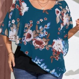 Casual Floral Crew Neck Mock Two-Piece Chiffon Shirt, TOPS, color:Blue|size:4X, Noracora