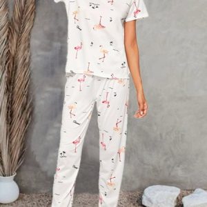 Casual Crew Neck Pajama Set With No, Pajamas, color:Multicolor|size:XL, Noracora