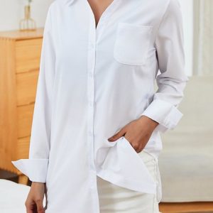 Plain Buckle Pocket Long Sleeve Casual Tunic Blouse, Shirts, color:White|size:5XL, Noracora
