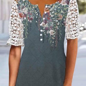 Loose Notched Floral Printed Casual Lace Blouses, Blouses, color:Green|size:XXL, Noracora