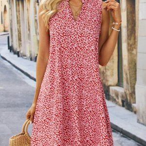 Women Floral Casual V Neck Micro-Elasticity Daily Standard H-Line Short Dress, Short, color:Red|size:XXL, Noracora