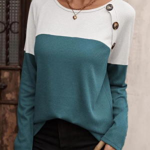 Jersey Color Block Casual Top, Blouses, color:Blue|size:XXL, Noracora