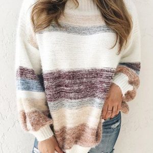 Vintage Striped Plus Size Long Sleeve Crew Neck Casual Sweater, Sweaters, color:Multicolor|size:XXL, Noracora