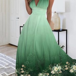 Floral V Neck Party Vacation Maxi Dress, Maxi, color:Green|size:XXL, Noracora