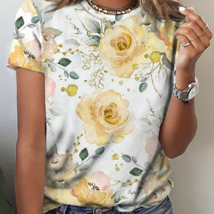 Crew Neck Floral Casual T-Shirt, T-shirts, color:Yellow|size:XXL, Noracora