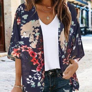 Floral Wrap Casual Loose Kimono, Kimono, color:Blue|size:3XL, Noracora