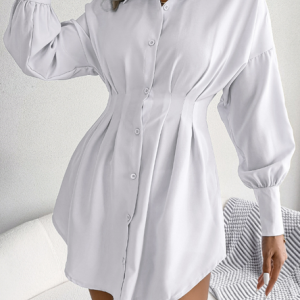 Regular Fit Casual Shirt Collar Plain Dress, Short, color:White|size:XL, Noracora