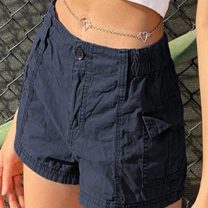 Plain Buckle Pockets Casual Cargo Shorts, Shorts, color:Blue|size:XL, Noracora