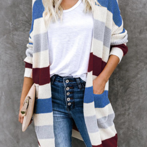 Regular Fit Crew Neck Striped Casual Cardigan, Cardigans, color:Blue|size:3XL, Noracora