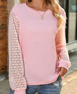 Plain Lace Long Sleeve Crew Neck Casual Sweatshirt, Hoodies & Sweatshirts, color:Pink|size:5XL, Noracora