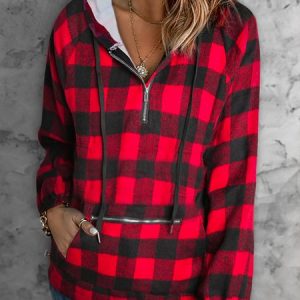 Hoodie Plaid Casual Sweatshirt, Hoodies & Sweatshirts, color:Red|size:XXL, Noracora