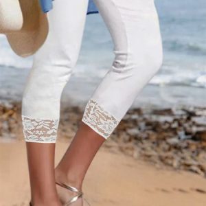Women's Holiday Weekend Plain Lace Casual Cropped Pants, Leggings, color:White|size:XXL, Noracora