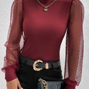 Regular Fit Party Stand Collar Lace Top, Tops, color:Wine Red|size:XXL, Noracora