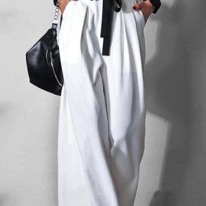 Paperbag High Waist Baggy Wide Leg Casual Pant, Pants, color:White|size:XXL, Noracora