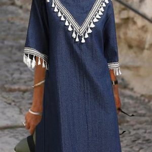 Crew Neck Tassel Casual Plain Dress, Midi, color:Navyblue|size:3XL, Noracora