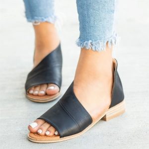 Peep Toe Side-cut Style Stacked Heel Flats, Slippers, color:Black|size:US 10.5, Noracora