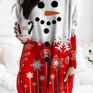 Christmas Snowman Snowflake Long Sleeve Crew Neck Pockets Casual Tunic T-Shirt, Blouses, color:White-Red|size:XXL, Noracora