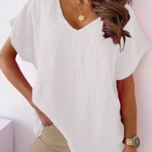 Casual Short Sleeve Cotton-Blend V Neck Top, Blouses, color:White|size:XXL, Noracora