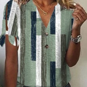 Casual V Neck Colorblock Shirt, Blouses, color:Green|size:XXL, catalog Noracora shop