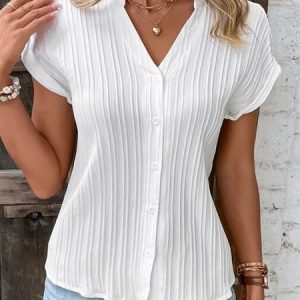 Plain Casual Loose Notched Blouse, Shirts, color:White|size:XXL, Noracora