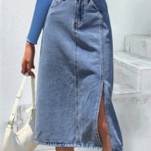 Plain Buckle Pockets Casual Denim Slit Skirt, Denim Skirts, color:Light Blue|size:XL, Noracora