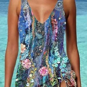 Casual Floral Printing  V Neck Tankini set, Tankinis, color:Purple|size:XXL, Noracora