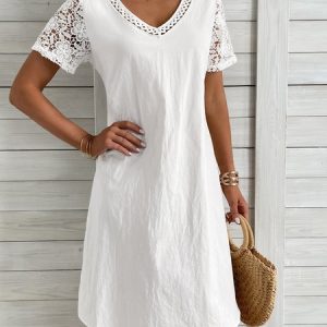 Casual Plain Lace V Neck Dress, Midi, color:White|size:XXL, Noracora