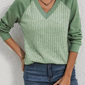 V Neck Plain Color-Block Loose Casual Top, Tops, color:Green|size:XXL, Noracora