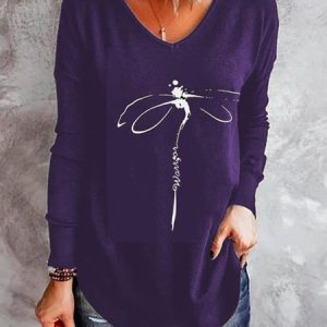 V Neck Floral Printed Cotton-Blend Casual Tunic T-shirt, T-shirts, color:Purple|size:3XL, Noracora