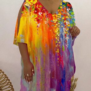V Neck Casual Random Print T-Shirt, TOPS, color:Yellow|size:4X, Noracora