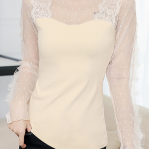 Plain Mesh Lace Long Sleeve Casual Shirt, Blouses, color:Apricot|size:XL, Noracora