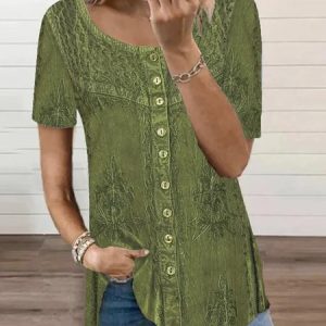 Casual Loose Ethnic Crew Neck Blouse, Shirts, color:Green|size:XXL, Noracora