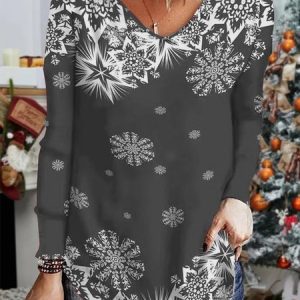 Women's Long Sleeve Blouse Spring/Fall Snowflake Jersey V Neck Daily Going Out Casual Top, JustFashionNow Shirts, color:Gray|size:XXL,
