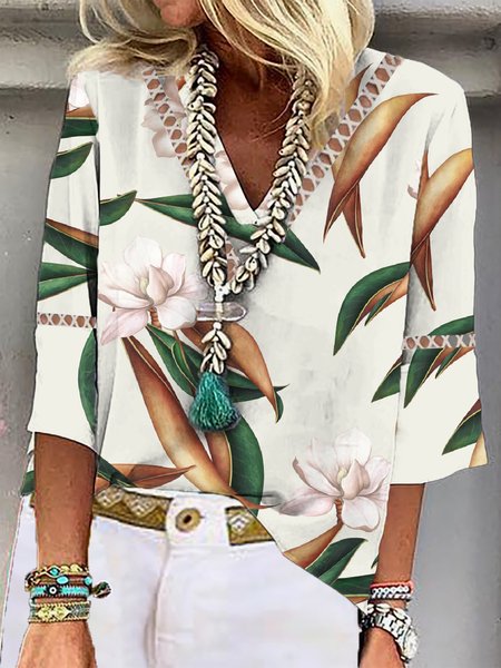 Women's Three Quarter Sleeve Blouse Spring/Fall Plants Printing V Neck Daily Going Out Casual Top, JustFashionNow Shirts, color:Multicolor|size:XXL,