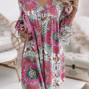 Loose Printing Casual Dress, Short, color:Multicolor|size:XXL, Noracora