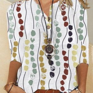 3/4 Sleeve Casual V Neck Blouse, Shirts, color:White|size:3XL, Noracora