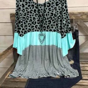 Casual Cotton-Blend 3/4 Sleeve Leopard-Print T-shirt, T-shirts, color:Blue|size:3XL, catalog Noracora shop