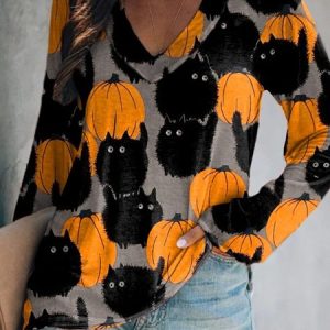 Halloween-Casual Long Sleeve V Neck Printed Top Tunic T-Shirt, T-shirts, color:Multicolor|size:XXL, Noracora