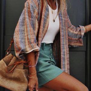 Vintage Multicolor Striped Long Sleeve Plus Size Casual Knit coat, Kimono, color:Multicolor|size:3XL, Noracora