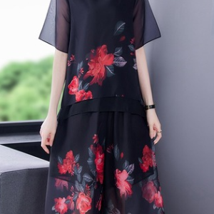 Short Sleeve Casual Chiffon Crew Neck Floral Two-Piece Set, Sets, color:Red|size:4XL, Noracora