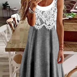 Plain Crew Neck Lace Embellished Cotton Blend Casual Knit Vest Dress, Short, color:Light Gray|size:XXL, catalog Noracora shop