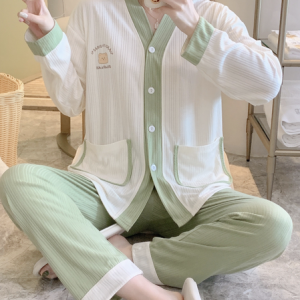 Houndstooth Loose Casual V Neck Lounge Set, Pajamas, color:Green|size:XXL, Noracora
