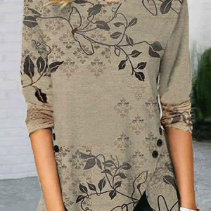 Crew Neck Casual Leaves Long Sleeve Tunic T-Shirt, T-shirts, color:Multicolor|size:XXL, Noracora